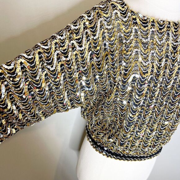 Vintage 80s Three Flaggs XS Sequin Top Black Gold Flashy Dolman Blouse Stretch - Picture 13 of 16